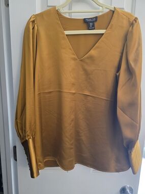 Rachel Zoe Mustard Satin V-Neck Blouse with Button Cuffs